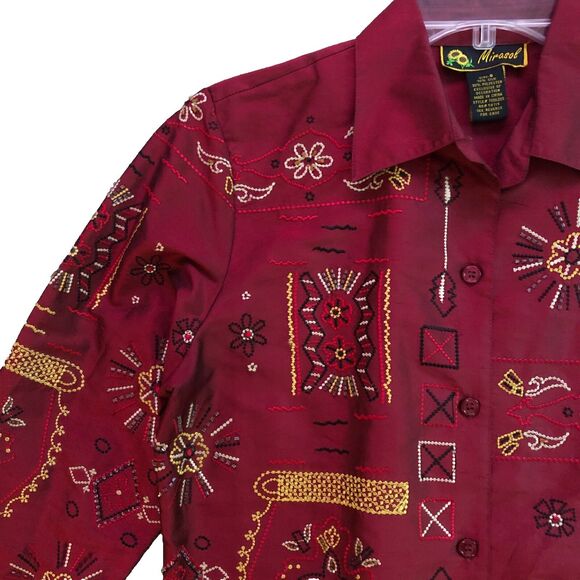 Mirasol Silk Embroidered Blouse Womens Size S VTG Burgundy Boho Embellished - Picture 9 of 16
